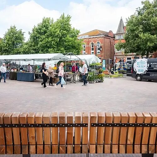 View of Heanor Market Place showing market stalls