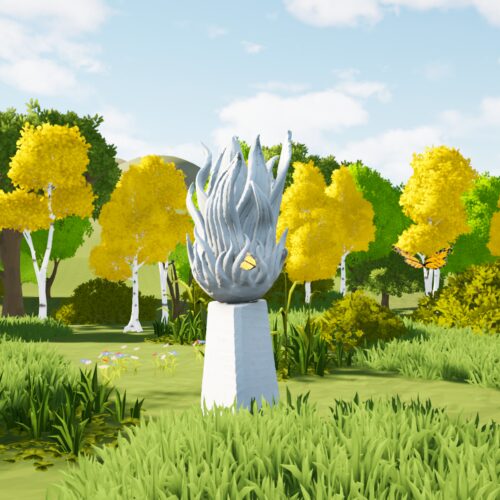 A stylised digital sculpture resembling flowing flames stands on a pedestal in a bright, animated landscape with green grass, yellow-leaved trees, and butterflies.