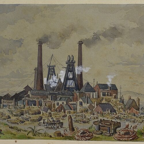 Watercolour painting of a coal mine pit head and surrounding buildings with smoking chimneys