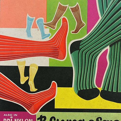 Colourful vintage poster for Bri-nylon stretch socks with illustrated images of different colour sets of socks